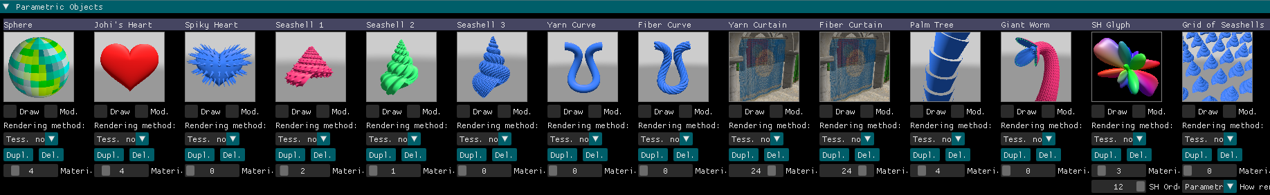 Various different kinds of parametric objects that can be enabled in the UI of our tool